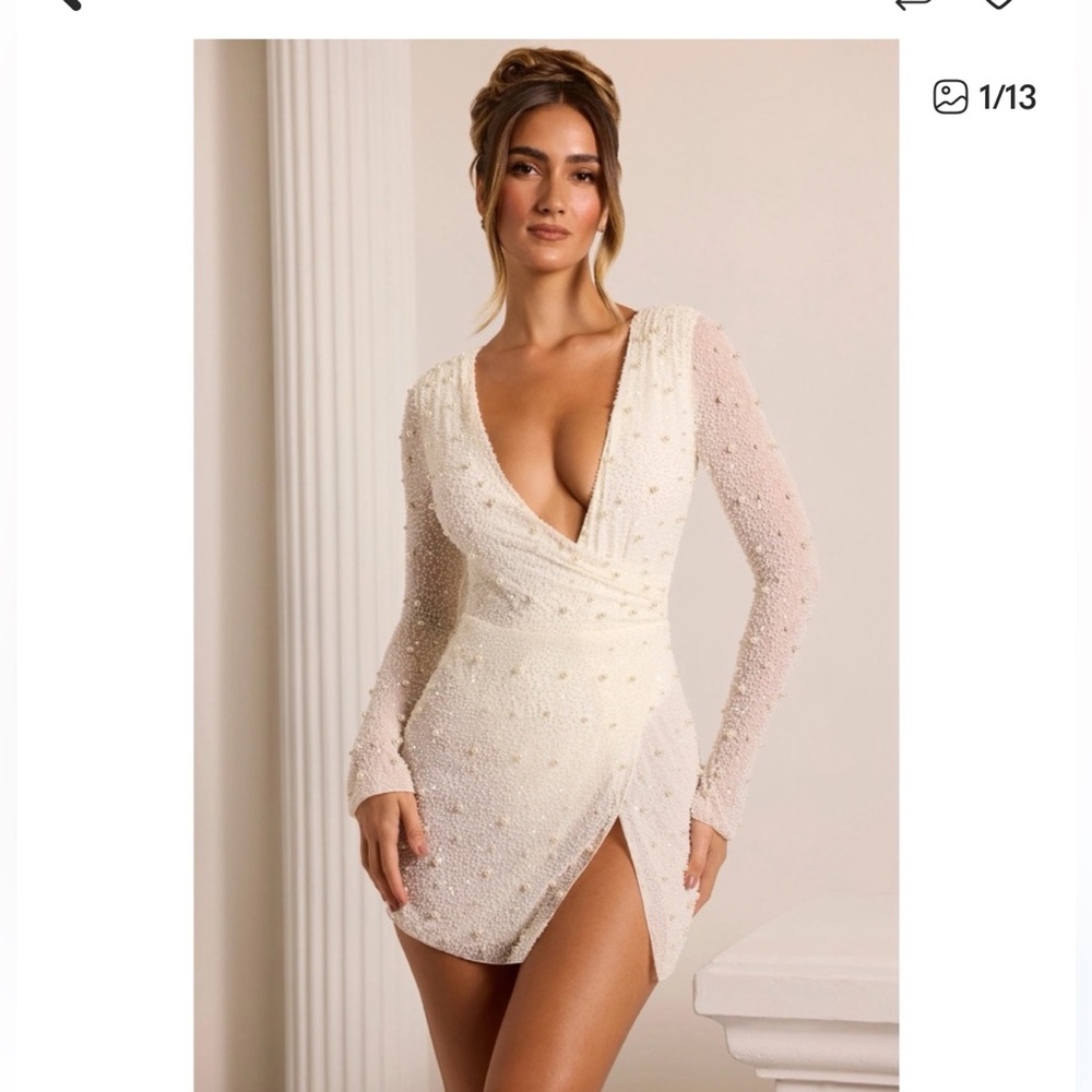 Oh Polly Cream Pearl Embellished Mini Dress